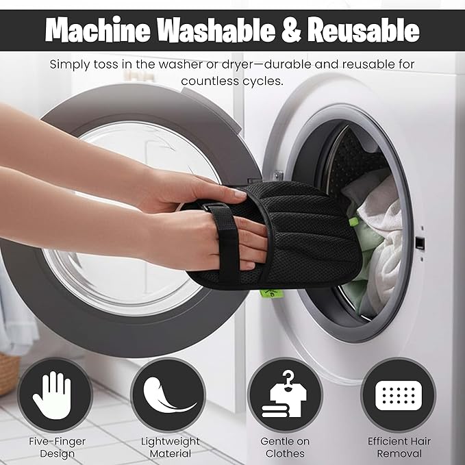 UPGRADED Thicker Electrostatic Pet Hair Remover Glove for Dogs & Cats – Five-Finger Fur Removal Tool with Secure Velcro Strap for Couch Sofa, Clothing & Pet Beds, Includes 2 Laundry Hair Remover Balls