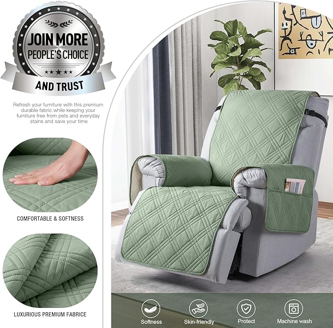 TAOCOCO Waterproof Recliner Chair Cover, Non Slip Oversized Recliner Covers for Recliner Chair with Pocket, Reclining Chair Cover Furniture Protector for Kids, Dogs(28'', Sage Green)