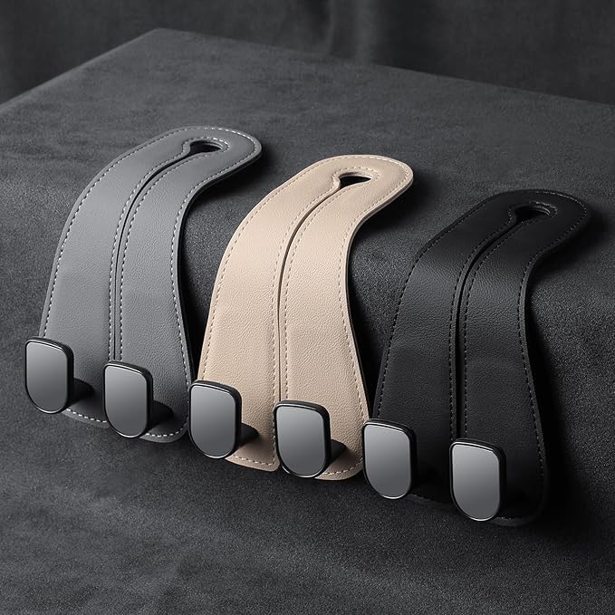 2 Pack KAFANLIN Car Headrest Hooks for Purses and Bags Cute Leather Car Seat Back Head Rest Double Hooks for Bags Cute Pink Beige Car Accessories Headrest Back Seat Handbags Hook (Gray 2 Pack)