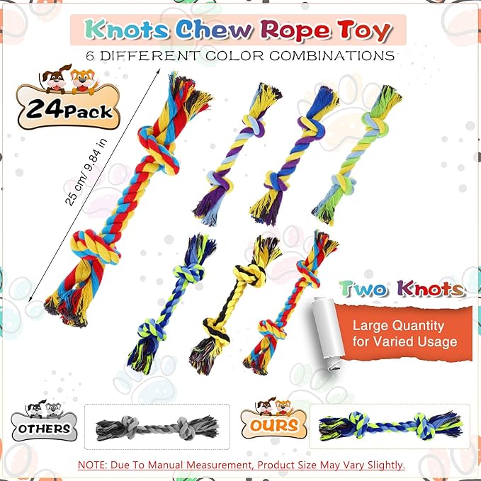 Glimin 24 Pack Large Dog Rope Toys 10 Inch Chew Toys Bulk Natural Cotton Dog 2 Knot Dog Toy 2 Knots Chew Rope Toy Teething Rope Toys for Aggressive Chewers and Medium Dogs