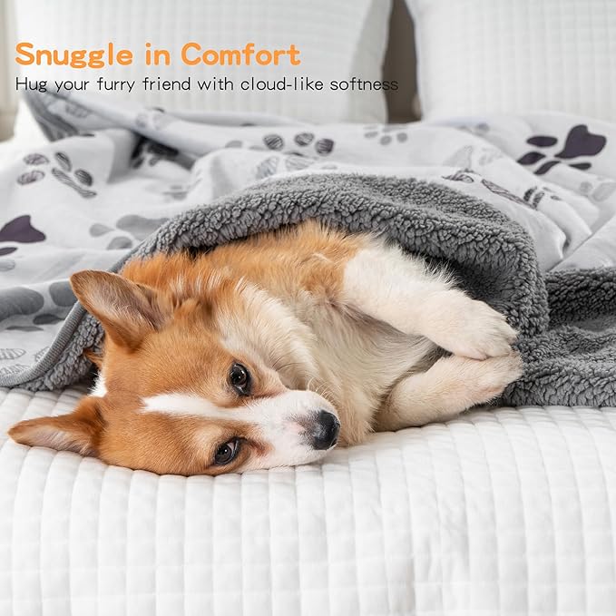 CAPT.SNOOZE Waterproof Dog Blankets, 30"x40" Cat Blanket for Indoor Cats, Soft Fluffy Sofa Car Bed Protector, Reversible Sherpa Fleece Puppy Blanket for Small Medium Dogs (Light Grey-Paws)