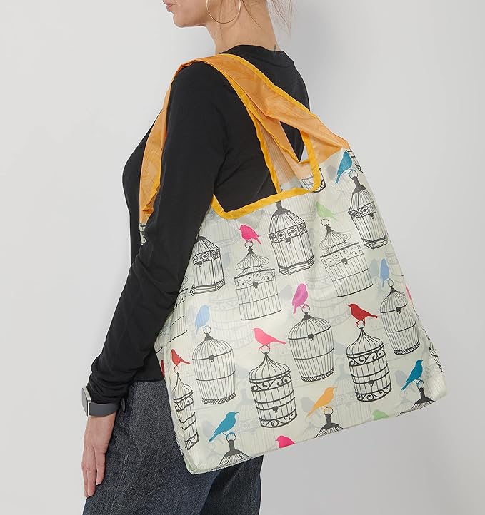 O-WITZ Reusable Grocery Bags | Vibrant Tote Bag For Groceries, Gym, Beach Gear, Toys & More | Washable Design With Large Handles For Maximum Convenience | Folds Into A Small Pouch, Canaries
