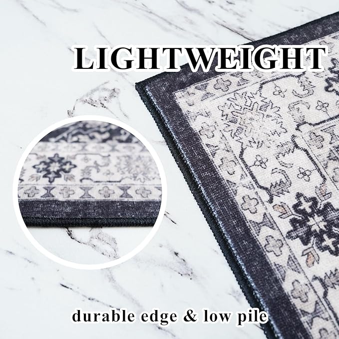 Hallway 2x8 Washable Runner Rug: Oriental Stain Resistant Kitchen Entryway Rugs Farmhouse Ultra Soft Bathroom Bedroom Print Floor Mat Thin Non Slip Indoor Carpet for Living Room Laudry(2x8,Black)