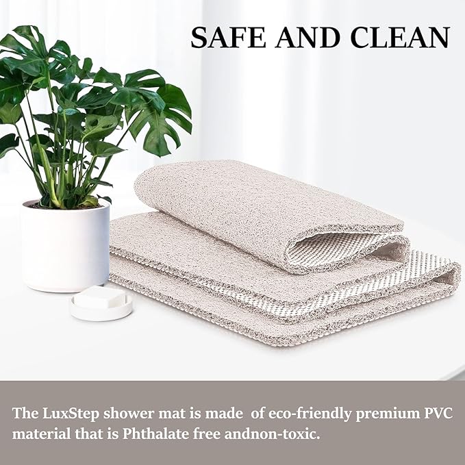 LuxStep Shower Mat Bathtub Mat,32x16 inch, Non-Slip Bath Mat with Drain, Quick Drying PVC Loofah Bathmat for Tub,Shower,Bathroom,White