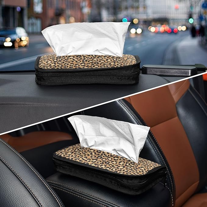 Car Tissue Holder Car Napkin Holder Car Tissue Box Dispenser Storage Case Sun Visor Mask Holder with Adjustable Straps Reusable Refillable Brown Leopard Print