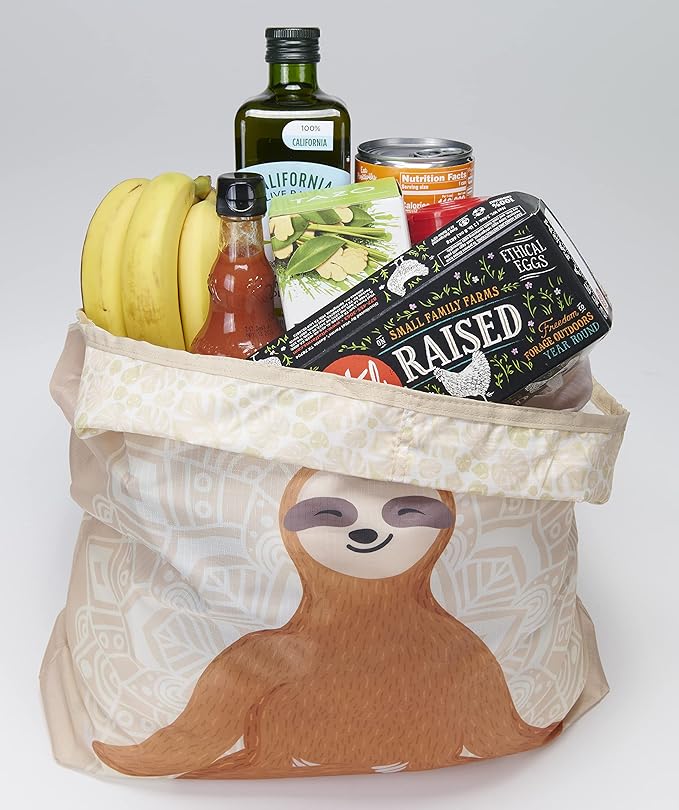 O-WITZ Reusable Grocery Bags | Vibrant Tote Bag For Groceries, Gym, Beach Gear, Toys & More | Washable Design With Large Handles For Maximum Convenience | Folds Into A Small Pouch, Sloth Yoga