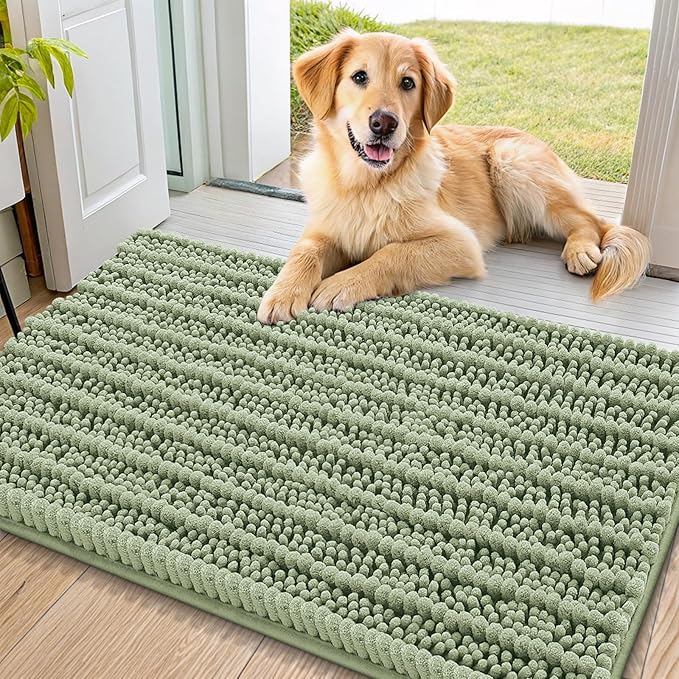 Smiry Dog Door Mat for Muddy Paws 36x24, Extra Soft Absorbent Chenille Doormat, Trap Moisture and Dirt, Non-Slip Machine Washable Front Door Mat for Indoor Entrance Inside Floor, Sage Green