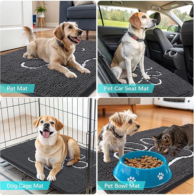OLANLY Dog Door Mat for Muddy Paws 40x32, Paw Print Design, Absorbs Moisture and Dirt, Absorbent Non-Slip Washable Doormat, Quick Dry Chenille Mud Mat for Dogs, Entry Indoor Entryway Carpet, Dark Grey