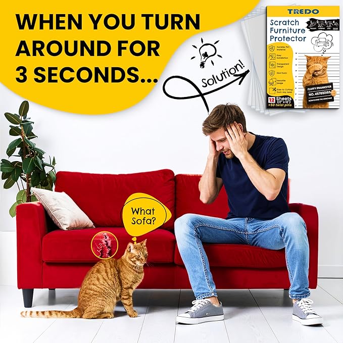 TREDO Anti Cat Scratch Furniture Protector 12-Pack - Large 17"x12" Clear Single Sided Couch Protector with 50 Twist Pins - Easy Install Deterrent for Cats - Protect Furniture, Doors, Walls
