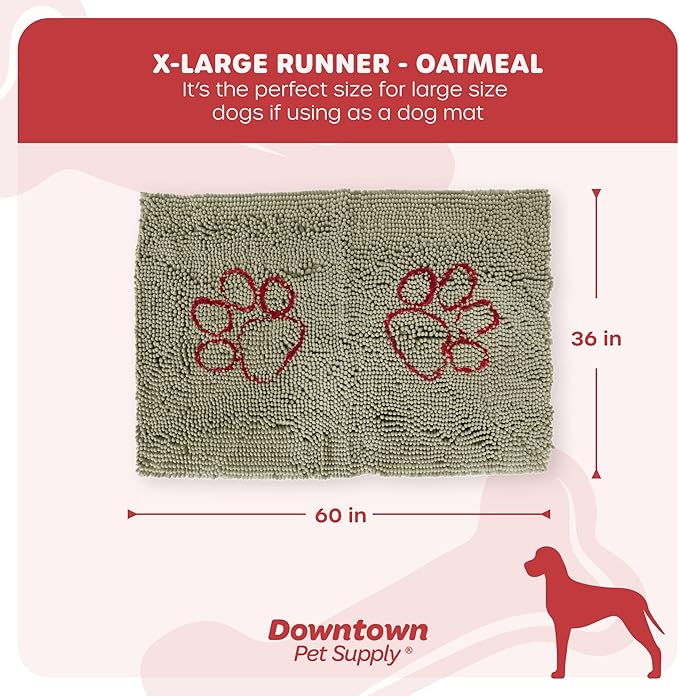 My Doggy Place Microfiber Dog Mat for Muddy Paws, 60" x 36" Oatmeal with Paw Print - Non-Slip, Absorbent and Quick-Drying Dog Paw Cleaning Mat, Washer and Dryer Safe - X-Large/Runner