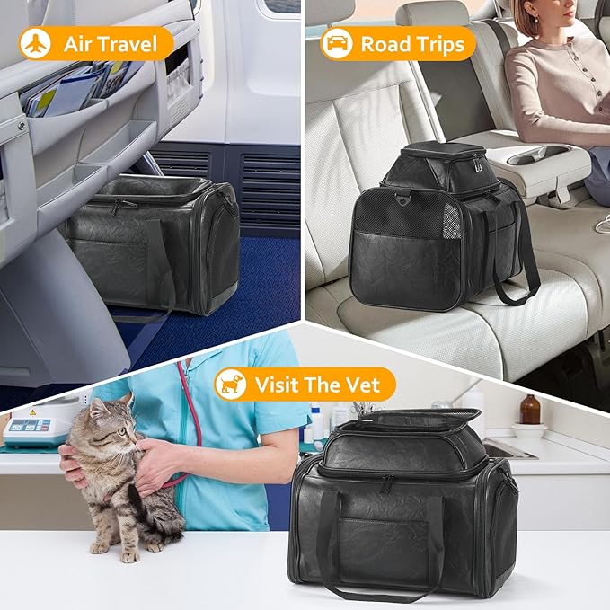 Bosnanller Premium Leather Top Expandable Pet Carrier for Small Dogs & Cats Under 15 lbs, Airline Approved Collapsible Soft-Sided Luxury Travel Bag Black