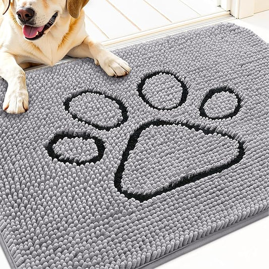 OLANLY Dog Door Mat for Muddy Paws 30x20, Paw Print Design, Absorbs Moisture and Dirt, Non-Slip Washable Doormat, Quick Dry Chenille Mud Mat for Dogs, Entry Indoor Entryway Carpet, Light Grey