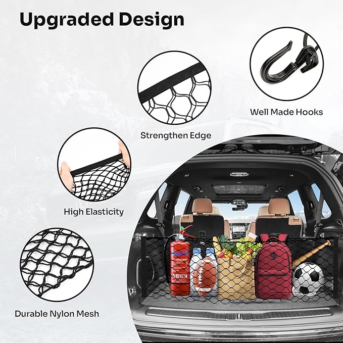 Trunk Cargo Net for 2021-2026 Jeep Grand Cherokee L (7 Seats) Accessories Envelope Style Mesh Trunk Net Organizer and Storage Stretchable Adjustable Elastic Nylon Rear Cargo Netting with Hooks