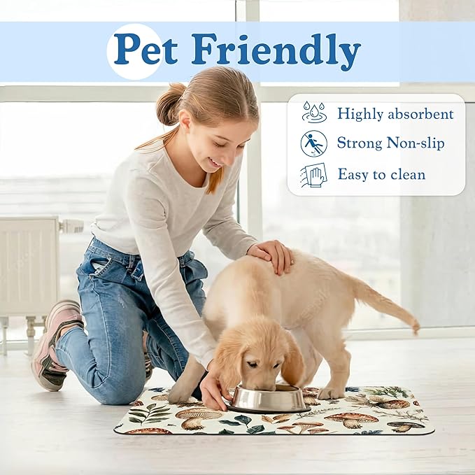 Vintage Mushroom Floral Dog Cat Food Mat–Absorbent Waterproof Placemat for Food and Water Bowls, Non Slip Rubber Backing, Feeding Mat for Clean Floors 16"x24"
