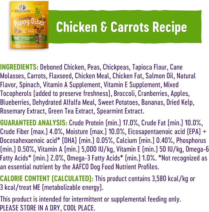 Wellness Puppy Treats, Natural, Training Treat, Grain Free, Crunchy Chicken & Carrot (6 Ounce Bag)