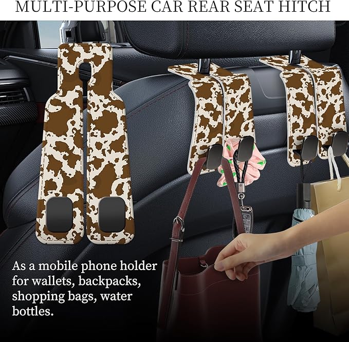 PU Leather Car Seat Hook, Storage Headrest Hanger, Cute Car Backseat Organizer, Car Hooks For Purses and Bags Brown Cow Print