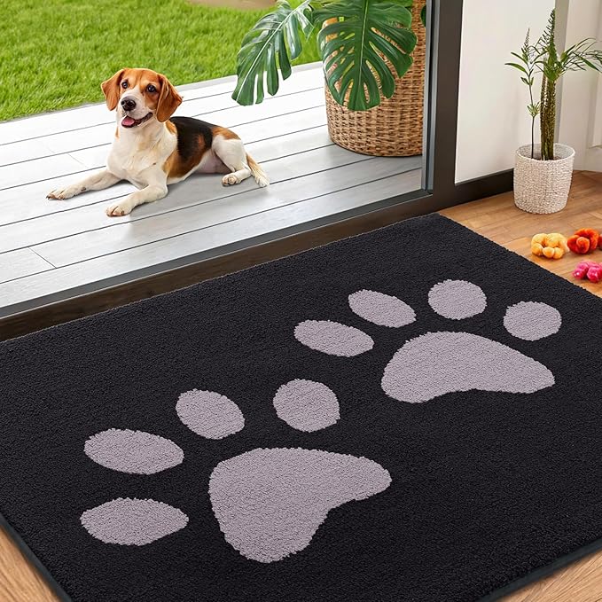 Smiry Dog Door Mat for Muddy Paws, Absorbs Moisture and Dirt, Low-Profile Entryway Mat with Non-Slip Backing, Entry Indoor Outdoor Doormat for Inside Floor (40x32 Inches, Black and Grey, Paw)