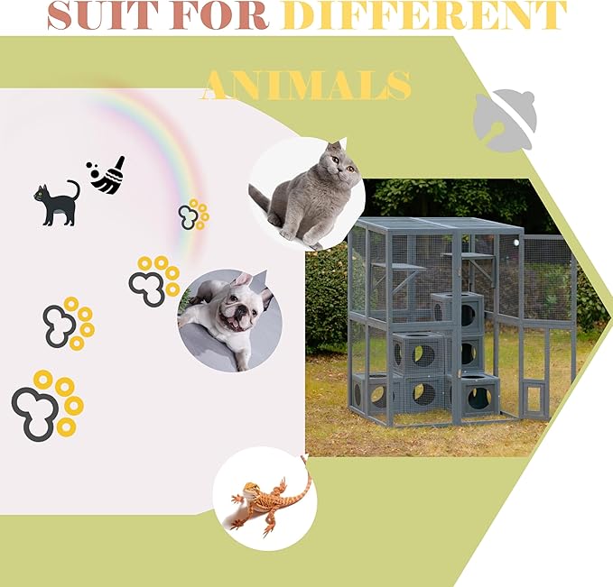 LOVMOR Outdoor Catio with Double Enter Doors, Grey Climbing Shelves, Weatherproof Pine Wood Playground with 7 Freely Combination Wood Boxes
