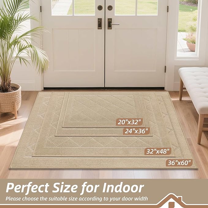 BEQHAUSE Dirt Trapper Door Mat 20" x 32", Doormat Non-Slip Entryway Rugs Washable, Dog Door Mat Stain Resistant and Absorbent Welcome Floor Mat for Front Back Door, Mud Wet Shoes & Paws, Warm Beige
