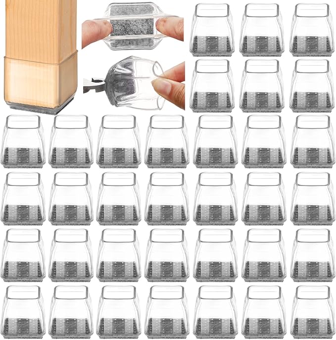 36Pcs Square Chair Leg Floor Protectors, High Elastic Felt Furniture Pads for Hardwood Floors, Silicone Floor Protectors for Chairs, Chair Leg Caps Covers Socks (Transparent, XSmall)