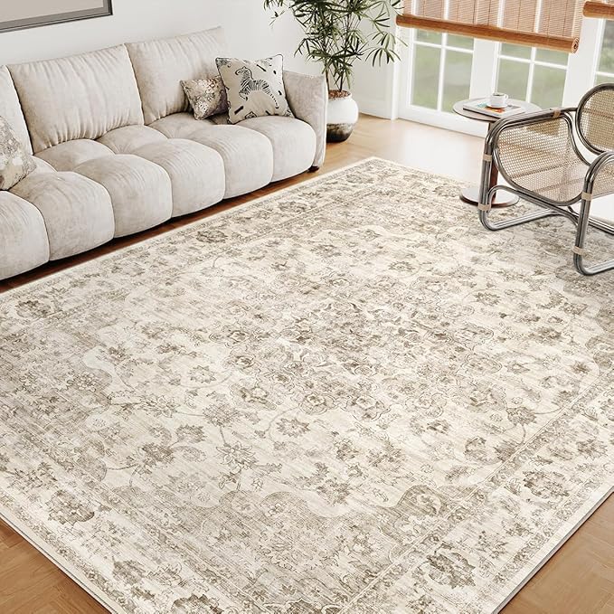 6x9 Washable Neutral Area Rug Beige Vintage Living Room Bedroom Carpet Non-Slip Medium Pile Thicker Floral Indoor Throw Rug for Dining Room Entryway Office