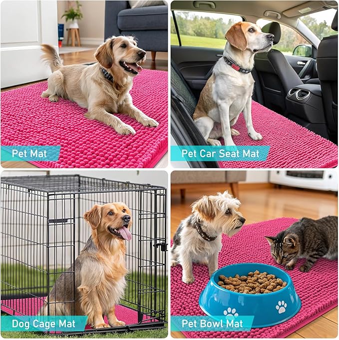 OLANLY Dog Door Mat for Muddy Paws 35x24, Absorbs Moisture and Dirt, Absorbent Non-Slip Washable Doormat, Quick Dry Chenille Mud Mat for Dogs, Entry Indoor Entryway Carpet for Inside Floor, Hot Pink