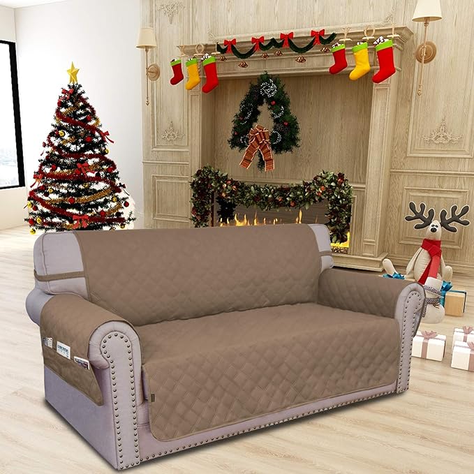Easy-Going Sofa Slipcover Loveseat Cover Waterproof Couch Cover Washable Sofa Cover for 2 Cushion Couch Non-Slip Fabric Furniture Protector with Pocket for Pets Kids Dog Cat (Loveseat, Camel)