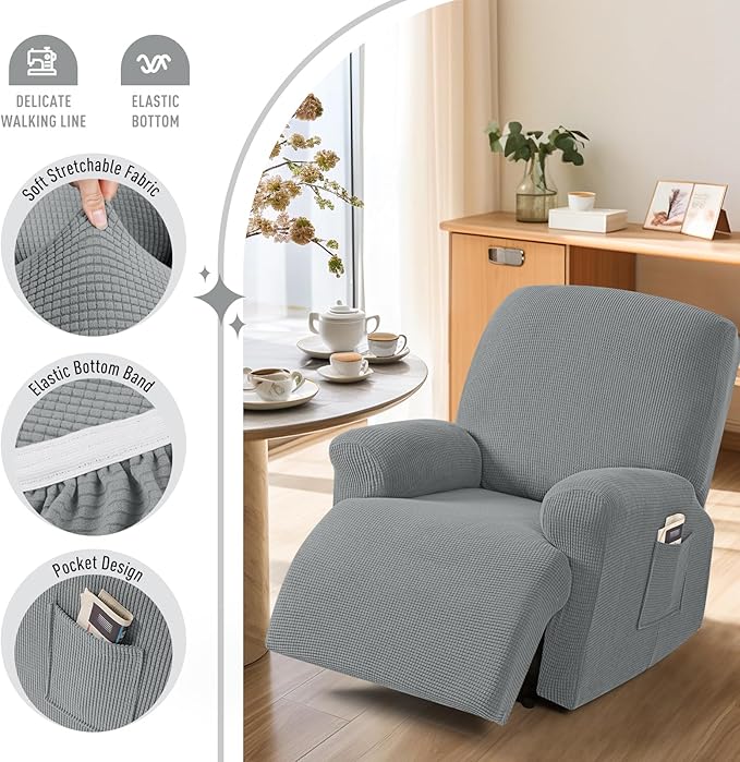 TAOCOCO Recliner Cover 4-Pieces, Recliner Stretch Sofa Slipcover, Recliner Cover 1 Seat, Couch Protector Soft, Furniture Protector Covers with Elastic,Chair Covers Jacquard Pattern (Dusty Grey)