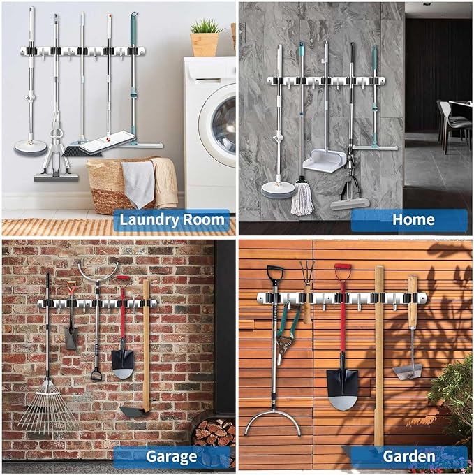 Broom Holder Wall Mount, Stainless Steel Broom Hanger Wall Mount, Heavy Duty Mop and Broom Holder Tool Racks Utility Hooks for Laundry Room Garden Garage, Black (4 Racks and 5 Hooks)