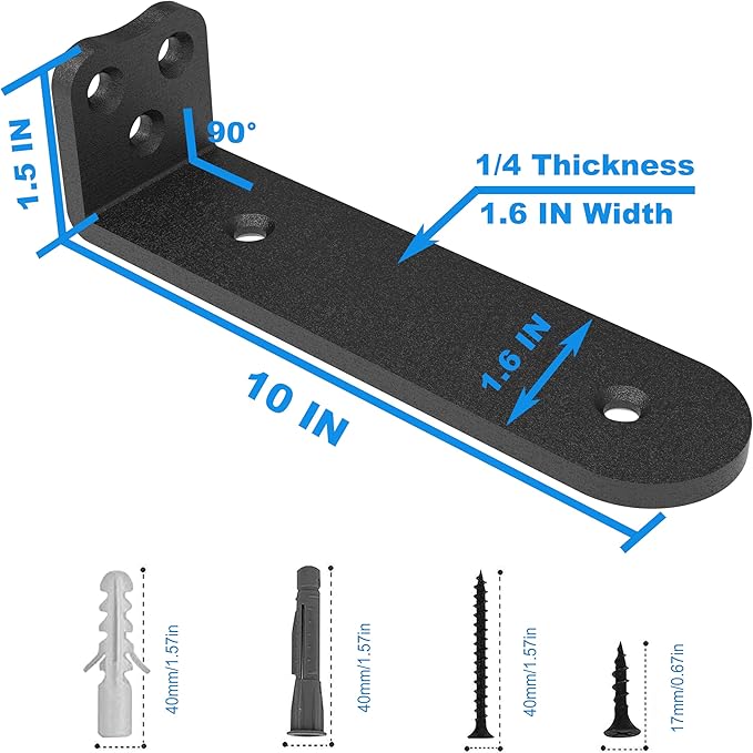 Eurydice Heavy Duty Floating Shelf Brackets, 1/4 inch Thick L Brackets, (4 In 8 Pack Black), Holds 200 lb, Rounded Arc Edge, One-Piece, 3 Hole Mounting For Wood Shelves in Kitchen, Garage, Office, DIY