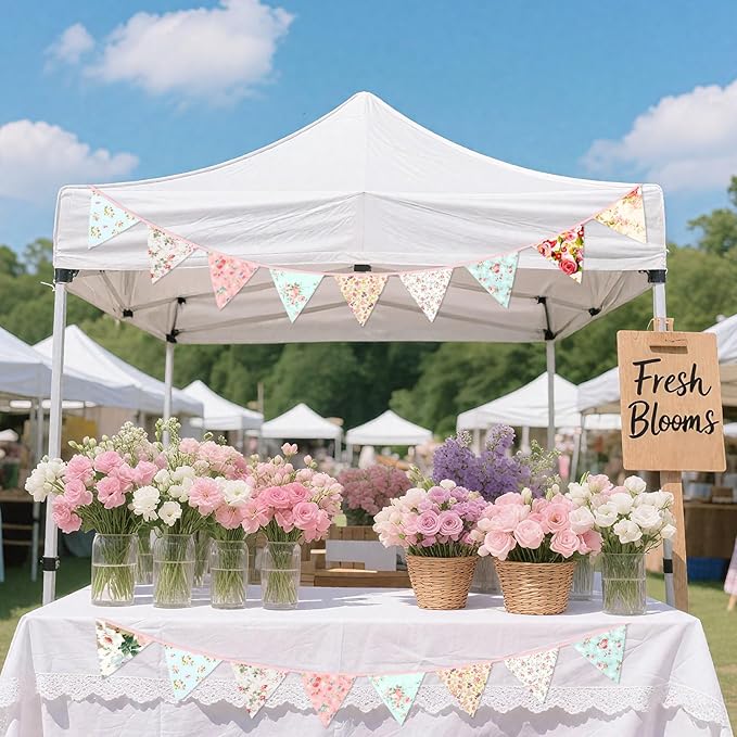 G2PLUS 39Ft Triangle Bunting Banner, 42pcs Cotton Pennant Banner, Reusable Pink Green Fabric Triangle Flags Party Decoration for Birthday, Wedding, Baby Shower, Room Decor