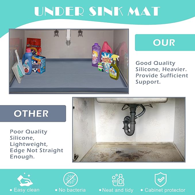 URMONA Waterproof Silicone Under Sink Mat 25'' x 22'' Shelf Liner for Kitchen and Bathroom, Cabinet and Counter Protector, Storage and Organizers, Litter Mat, Pet Cat Puppy Essentials(Beige)