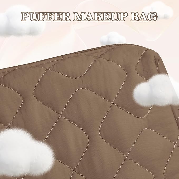 TOPEAST Christmas Gifts for Women Girls - 2Pcs Makeup Bag Small Cosmetic Travel Bag Purse, Waterproof Puffy Toiletry Organizer, Portable Open Flat Make Up Pouch, Brown