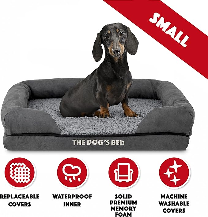 The Dog’s Bed, Small Plush Grey, Memory Foam, Pain Relief: Arthritis, Hip & Elbow Dysplasia, Post Surgery, Lameness, Supportive, Calming, Waterproof Washable Cover
