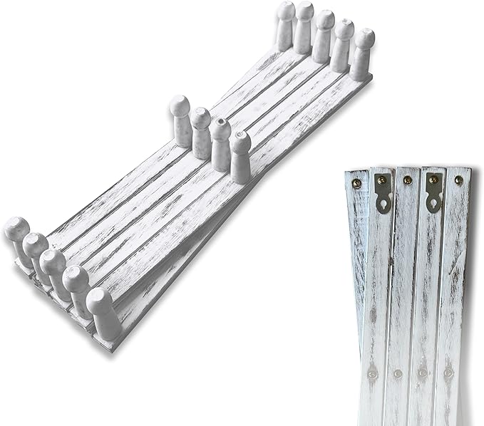 Expandable Wooden Coat Rack Hanger - Large Accordion Hanger with Expanding Pegs | Hand Made Rustic Wooden Hat Rack for Wall | Hang Coat, Jacket, Hat | Wall Rack – 14 Hook, Distressed White