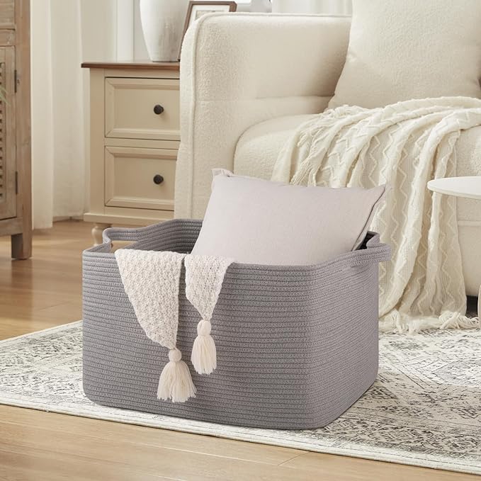 Large Blanket Basket, Blanket Storage Living Room, Rectangle Woven Baskets for Storage Toys, Towels, Dirty Clothes Organizer Bins (Light Grey)