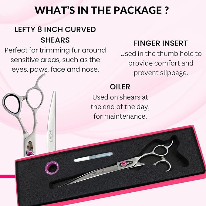 Kenchii Love Left Handed Dog Grooming Scissors, 8 Inch Curved Shears, Dog Scissors for Grooming, Professional Pet Grooming Scissors, Ergonomic & Comfortable