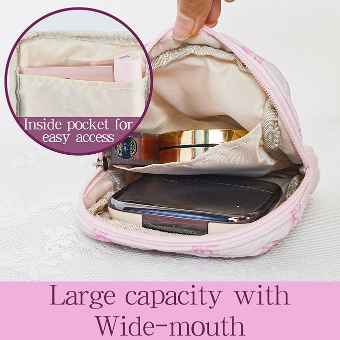 Small Floral Quilted Makeup Bag, Coquette Aesthetic Travel Toiletry Organizer for Women, Lightweight Cotton Cosmetic Pouch