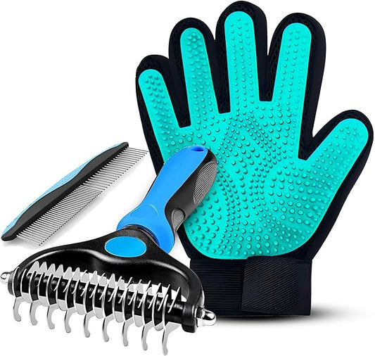 Pet Hair Removal Glove + Hair Brush Set – Dog Grooming Gloves for Shedding, Cat Grooming Brush, Cat Hair Brush – Pet Hair Remover Glove for Dogs & Cats, Dog Shedding Tool for All Coats