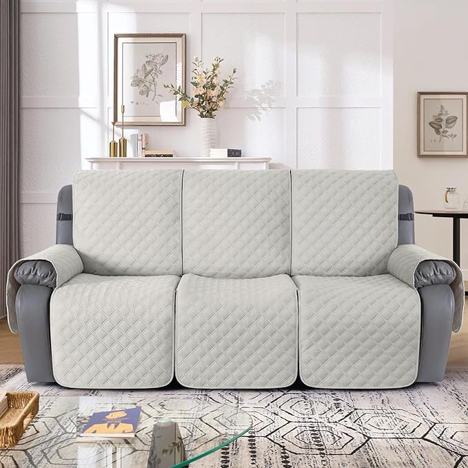 TAOCOCO 100% Waterproof Recliner Couch Covers, Recliner Sofa Covers with Leg Straps, 1-Piece Washable Reclining Sofa Cover with Pocket Couch Protector for Pets Kids(3 Seater, Off White)