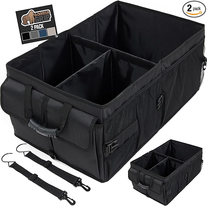 GORILLA GRIP Large Capacity Sturdy Trunk Storage Organizer, Slip and Water Resistant Collapsible Organization Container for Car Sedan or SUV, Multi Compartment Box Vehicle Accessories, 2 Pack, Black