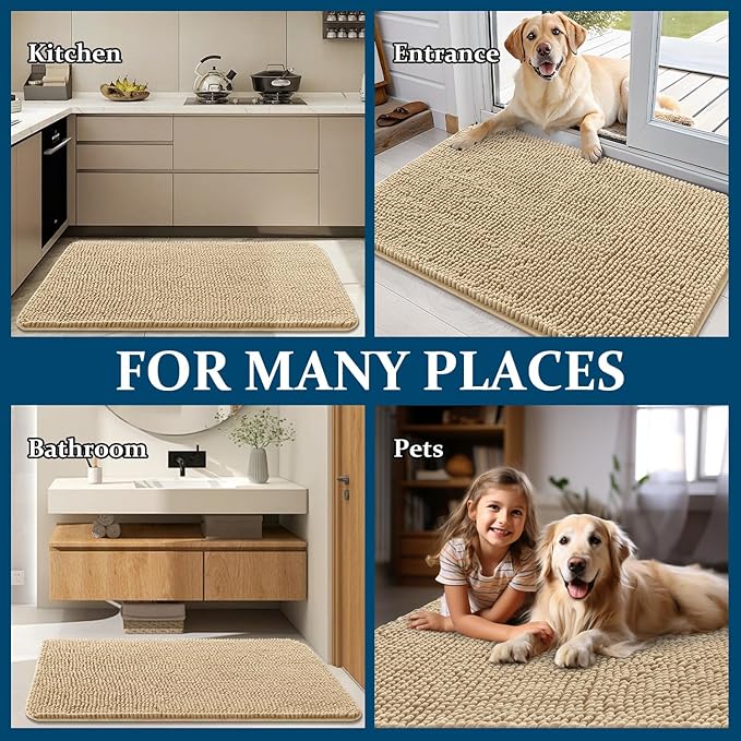 OLANLY Dog Door Mat for Muddy Paws 59x32, Absorbs Moisture and Dirt, Absorbent Non-Slip Washable Doormat, Quick Dry Chenille Mud Mat for Dogs, Entry Indoor Entryway Carpet for Inside Floor, Beige