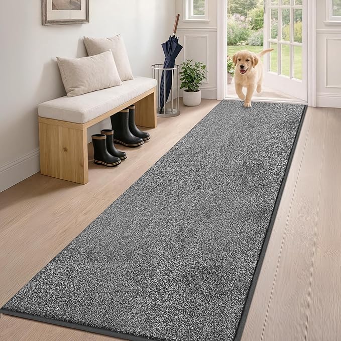 PURRUGS Dirt Trapping Door Mat 24" x 84", Non-Slip Machine Washable Entryway Rug, Dog Doormat, Indoor Front Door Mat, Super Absorbent Entry Rug for Muddy Shoes & Paws, Light Grey-Dark Grey