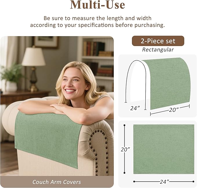 SPWIY Couch Arm Covers Anti-Scratch & Stain Resistant Furniture Protector for Sofa 2 Pieces Washable Linen Recliner Armrest Cover for Pets Chair Arm Covers, Light Sage,20" W x 24" L
