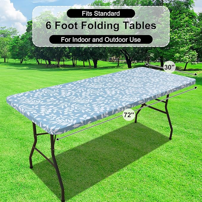 misaya Rectangle Vinyl Tablecloth, Fitted Table Cover, 100% Waterproof, Elastic Edge, Flannel Backing, Plastic Table Cloth Fit 6 Foot Folding Tables for Picnic, Camping (Blue Leaves, 30x72 inch)