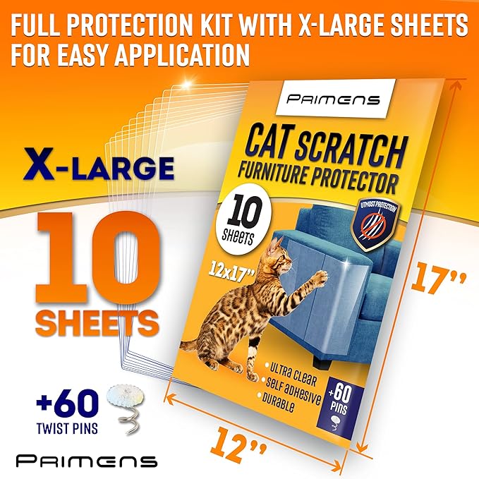 Heavy Duty Cat Scratch Deterrent Furniture Protectors for Sofa, Doors, Clear Couch Protectors from Cats Scratching, Anti Cat Scratch Tape Guards (Transparent, 10 Sheets 17x12)
