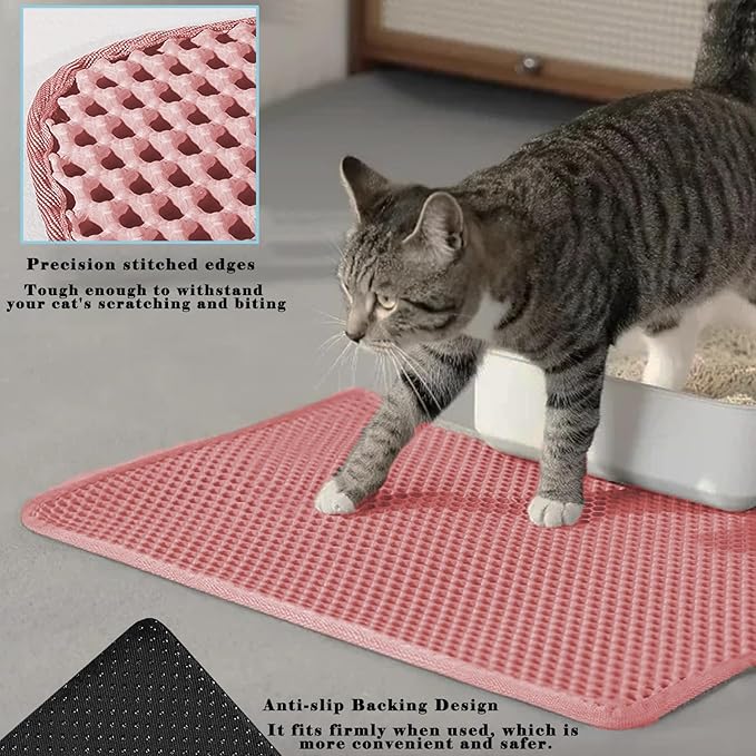 HCY&WLD Cat Litter Mat, Honeycomb Double Layer Cat Litter Trapping Mat, Waterproof Urine Proof Non-Slip, Scatter Control, Less Waste, Easier to Clean (Pink, 35" X 24")