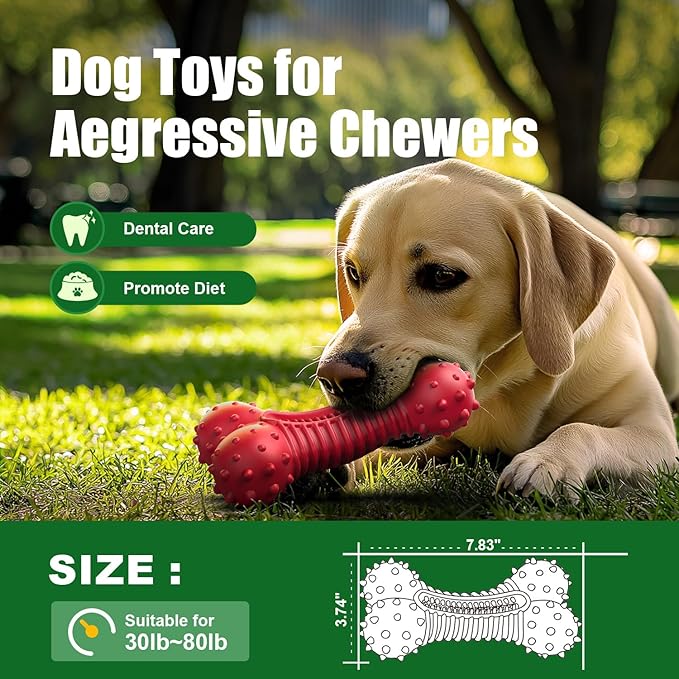 Ouilter Dog Toys for Aggressive Chewers, Dog Chew Toys for Medium Large Dogs, Durable Natural Rubber Dog Toys with Bacon Flavor, Indestructible Dog Toy, Red