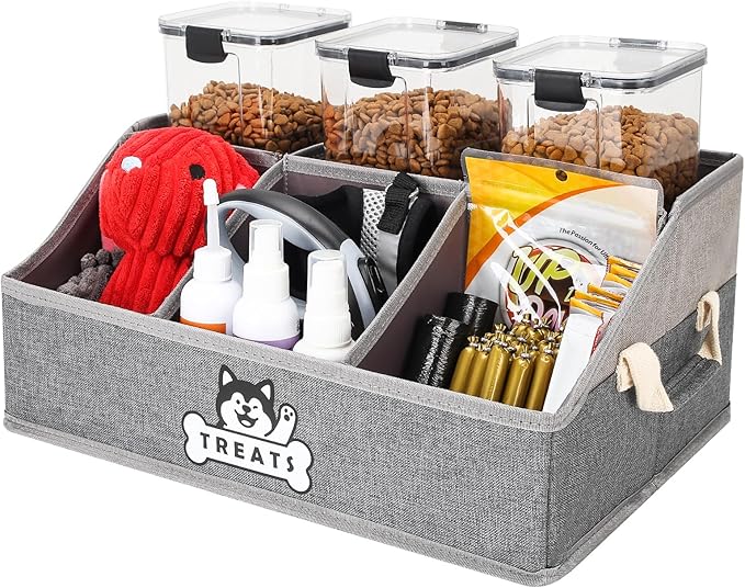 Dog Treat Container Basket for Countertop, Foldable Pet Toy Box for Living Room Area with Handles, Dog Storage Organizer with Removable Dividers for Treat Container, Leashes, Canned food, Pet Supplies