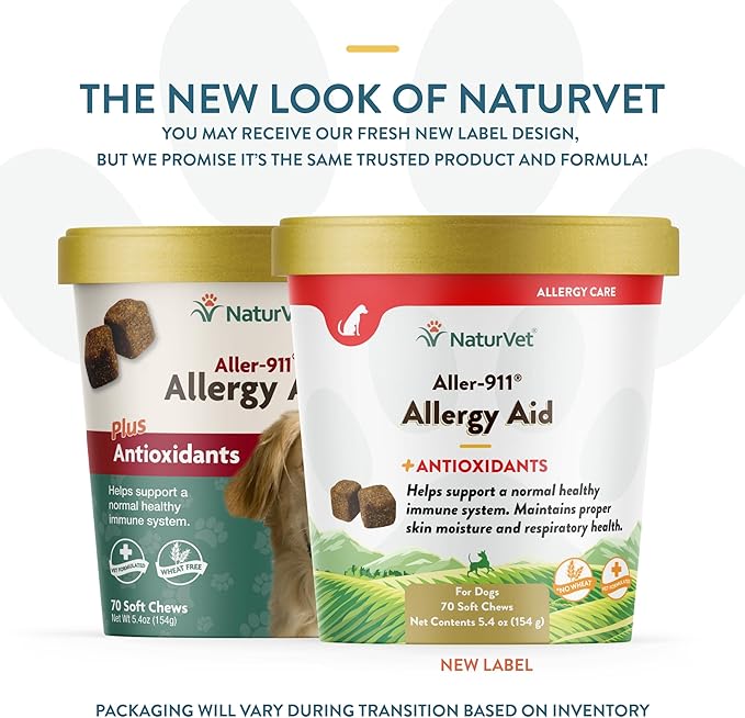 NaturVet Aller-911 Advanced Allergy Aid for Dogs, Cats – Antioxidant-Rich Pet Supplement with Omegas, DHA, EPA – Helps Support Dog Immune System, Cat Respiratory Health, Skin Moisture 70 Soft Chews